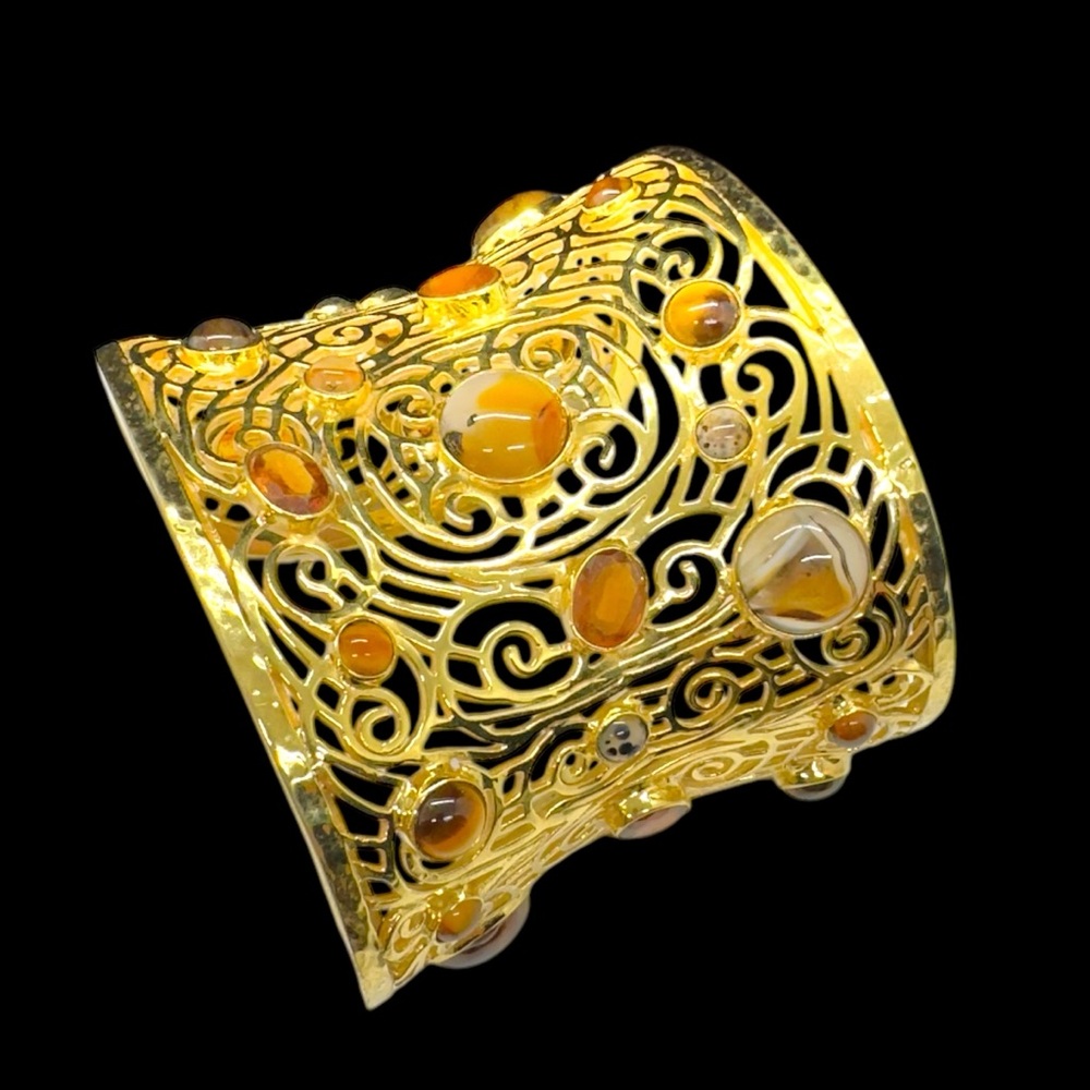 One of A Kind Semi-Precious Agate & Amber Gemstone Gold Plated Cuff/ Bracelet
